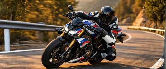 BMW M1000R rider in full gear riding through a canyon. 