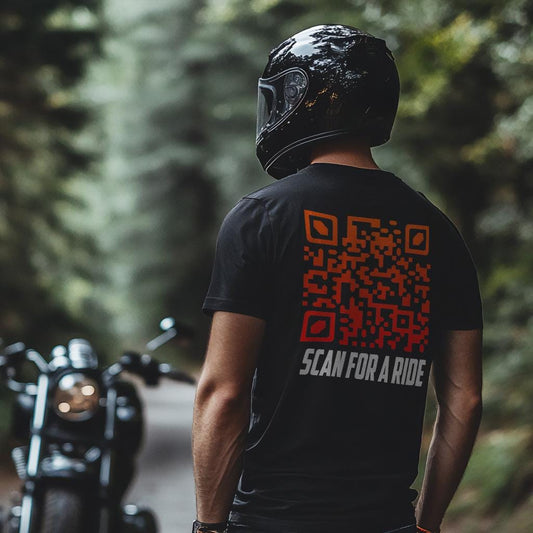 Scan for a Ride Motorcycle T-Shirt with Scannable QR Code - Motorcycle Tee Shirt for Riders
