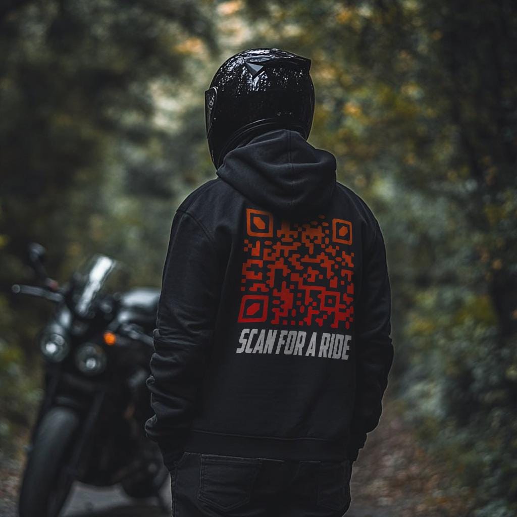 Scan for a Ride Motorcycle Hoodie with Scannable QR Code - Motorcycle Sweatshirt for Riders