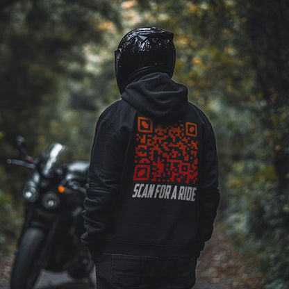 Scan for a Ride Motorcycle Hoodie with Scannable QR Code - Motorcycle Sweatshirt for Riders